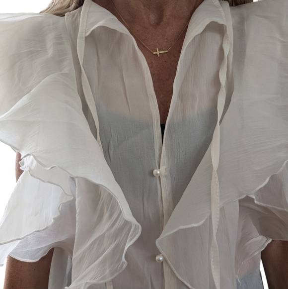 RDY by Rafi Pina Sheer Ruffle Sleeve Blouse Ivory Button Front Feminine Top S - Picture 12 of 12